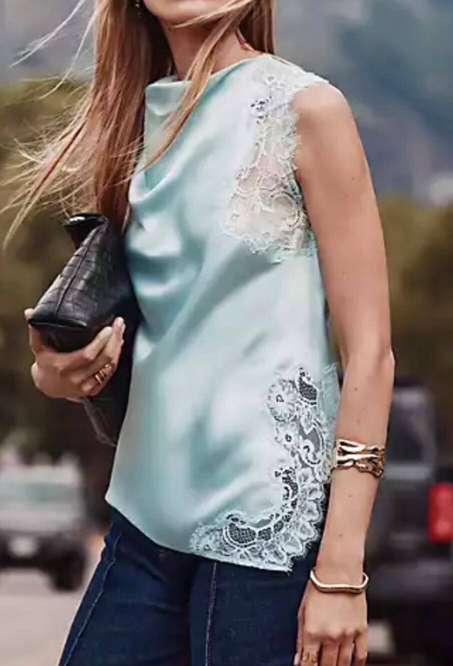 NWT Women's Loft Petites Ice Blue Sleeveless Mock Neck Lace Detail Shirt Sz XSP